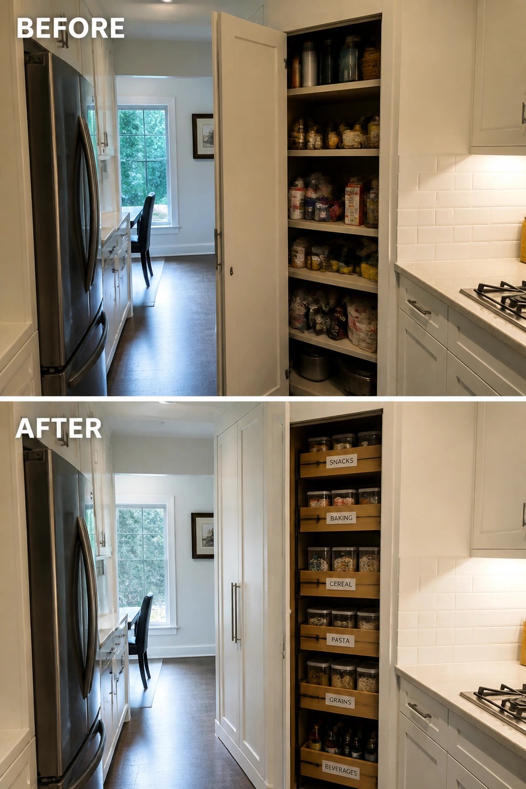 Before-and-after image of a kitchen pantry converted from cluttered open shelves to organized pull-out drawers with labeled sections for snacks, baking, cereal, pasta, grains, and beverages.