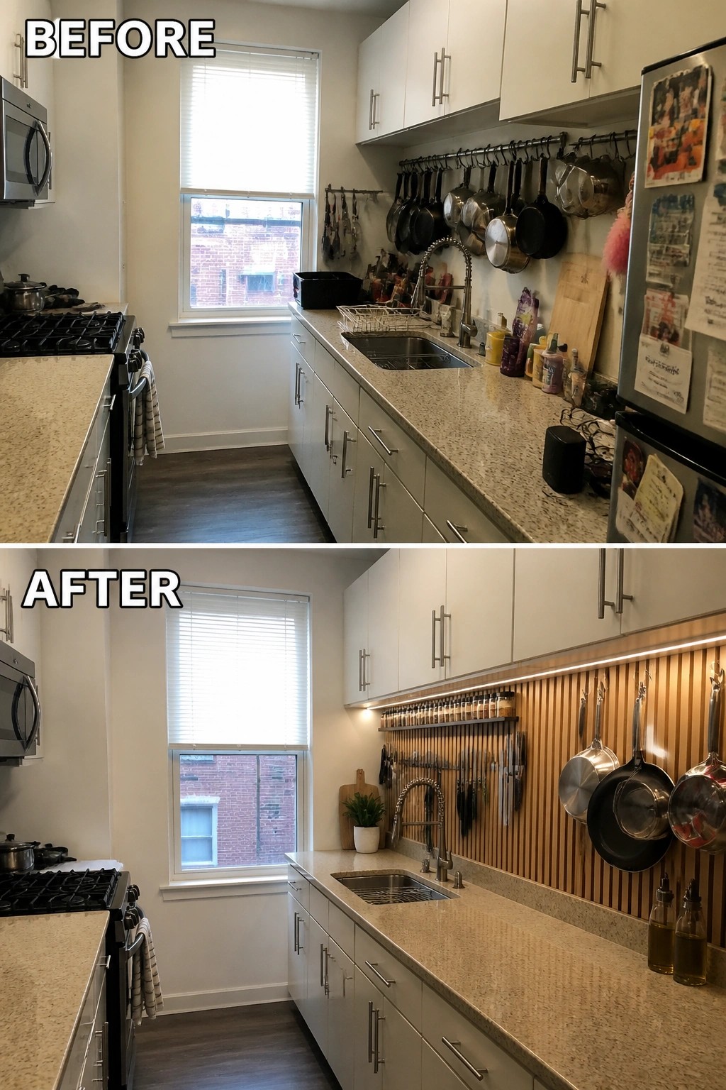Kitchen before-and-after: cluttered counters versus organized wooden backsplash with under-cabinet lighting.