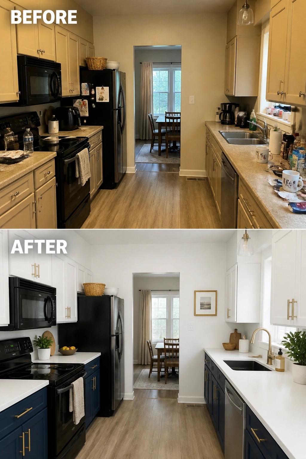 Before and after kitchen remodel with beige to white and navy cabinets.
