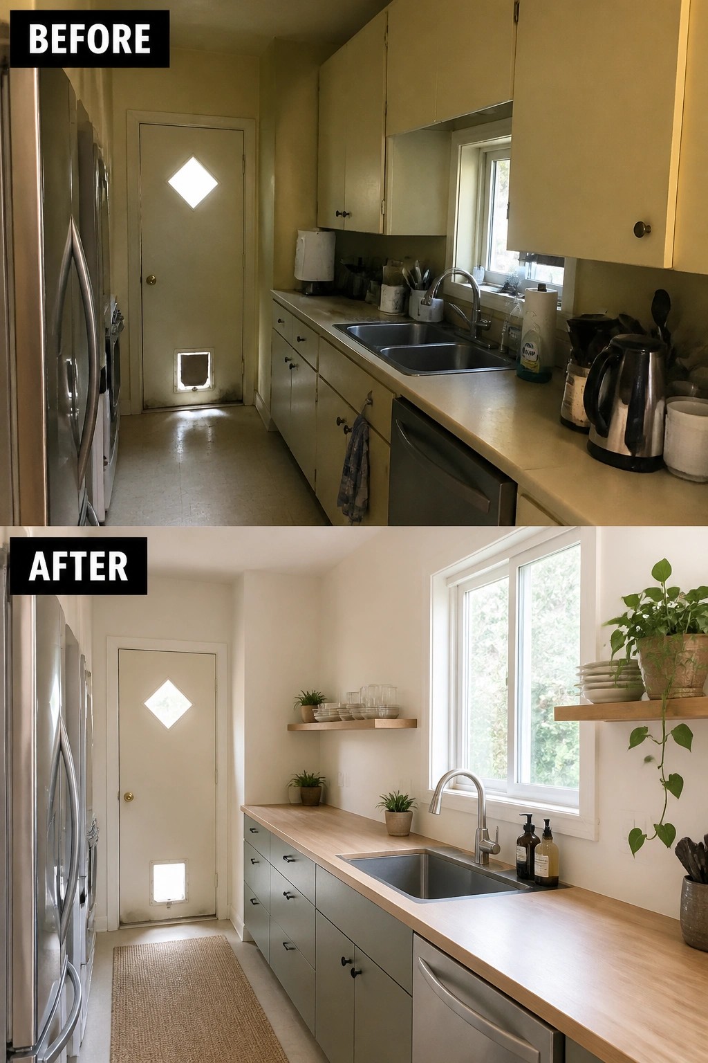 Before and after view of kitchen remodel with gray cabinets, wood counters, and plants