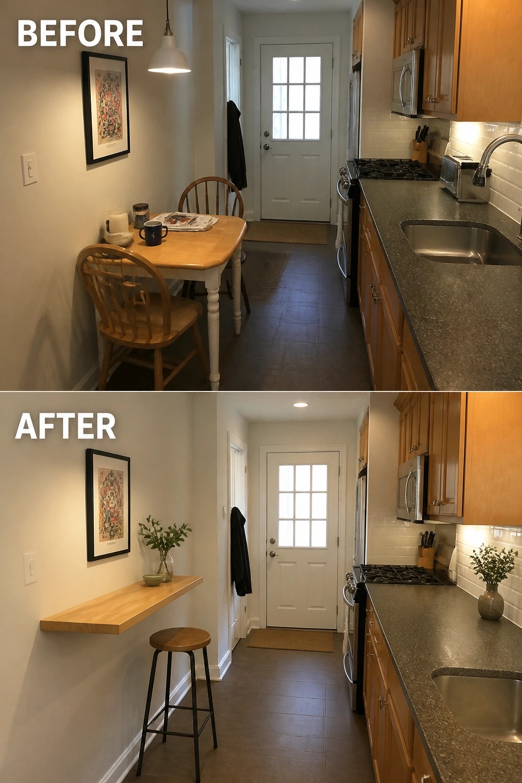 Before and after kitchen with dining table replaced by floating shelf and stool.