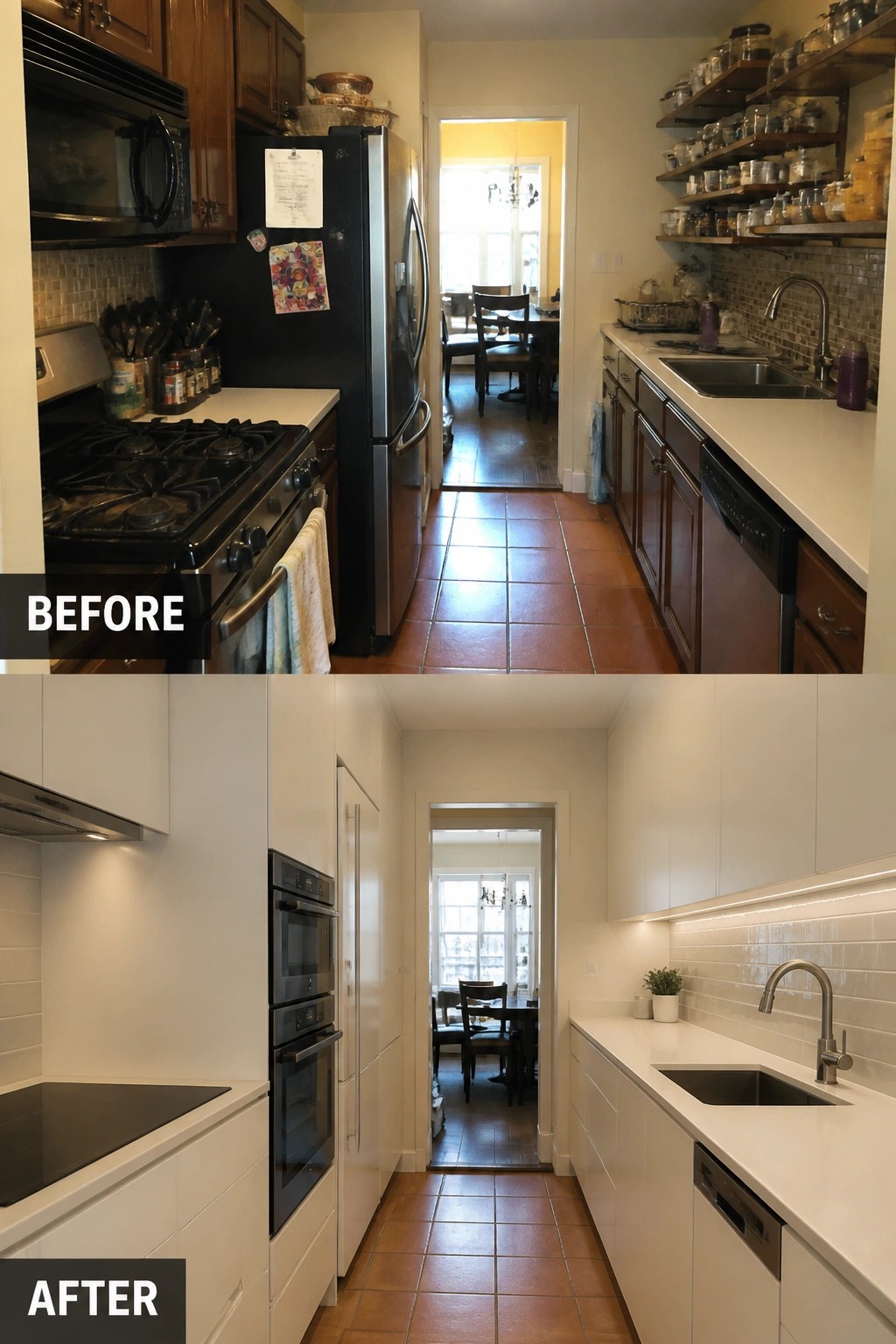 Before-and-after image of a galley kitchen with dark wood cabinets and open shelving changed to white cabinets and streamlined appliances.