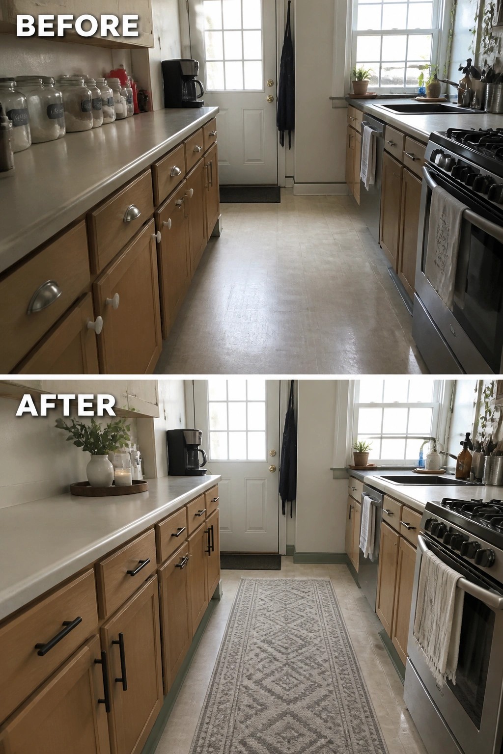 Before and after narrow kitchen with wood cabinets, new rug and black handles