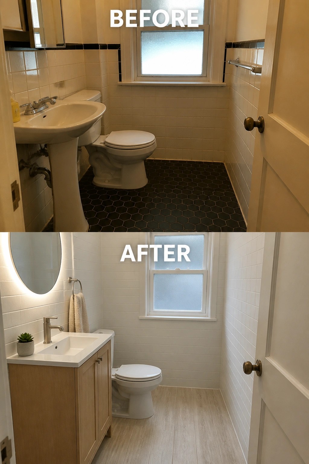 Before and after bathroom renovation with dark tiles replaced by modern white and wood design