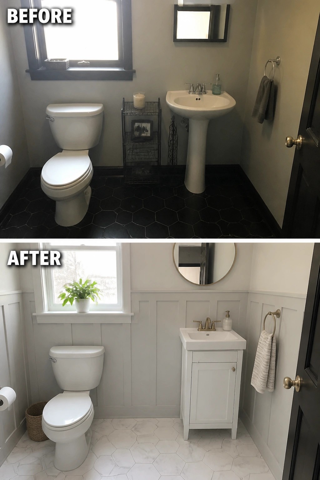 Before and after bathroom remodel with new white tiles, vanity, and wainscoting.