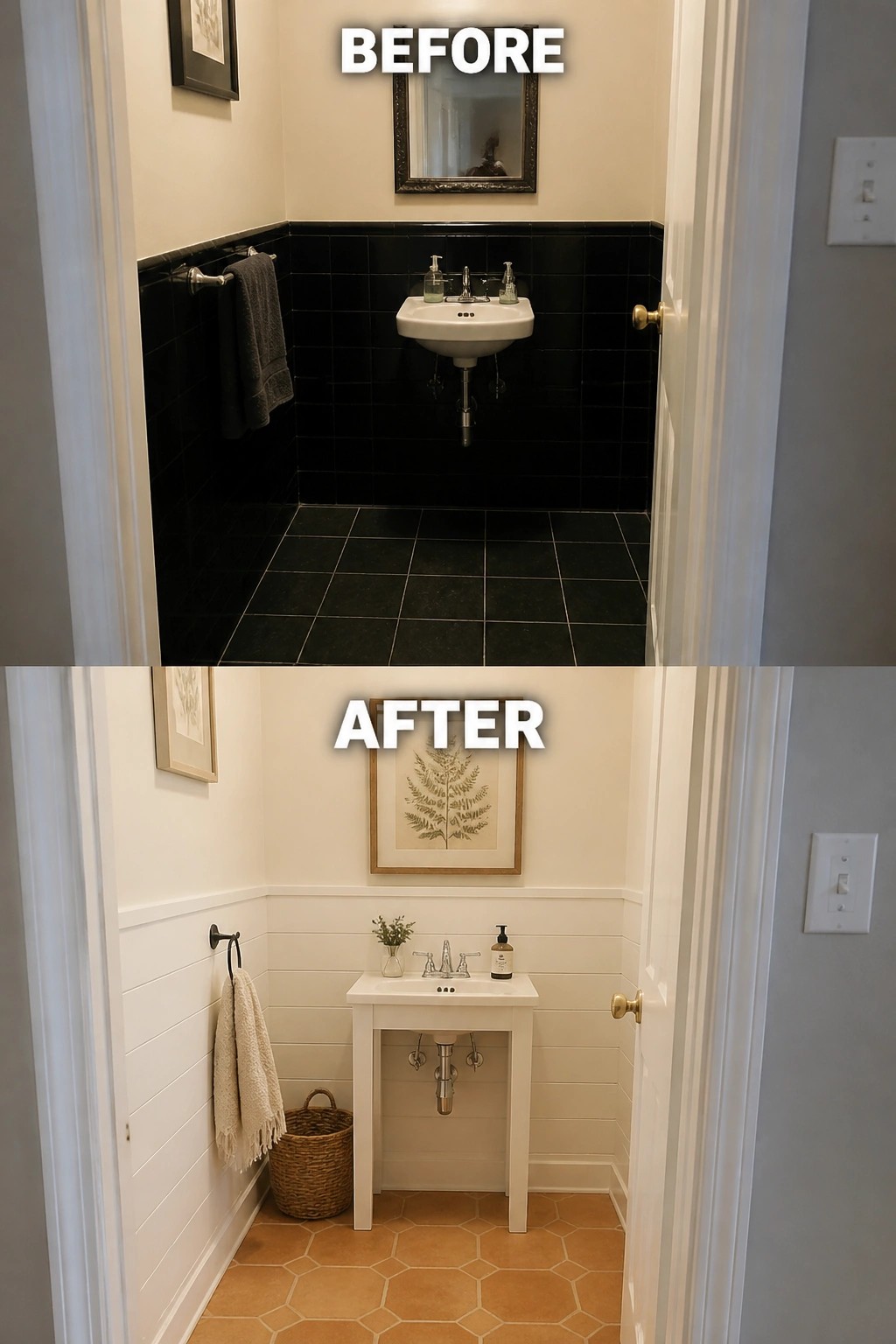Before black-tiled bathroom and after white wainscoting with terracotta floor and vanity.