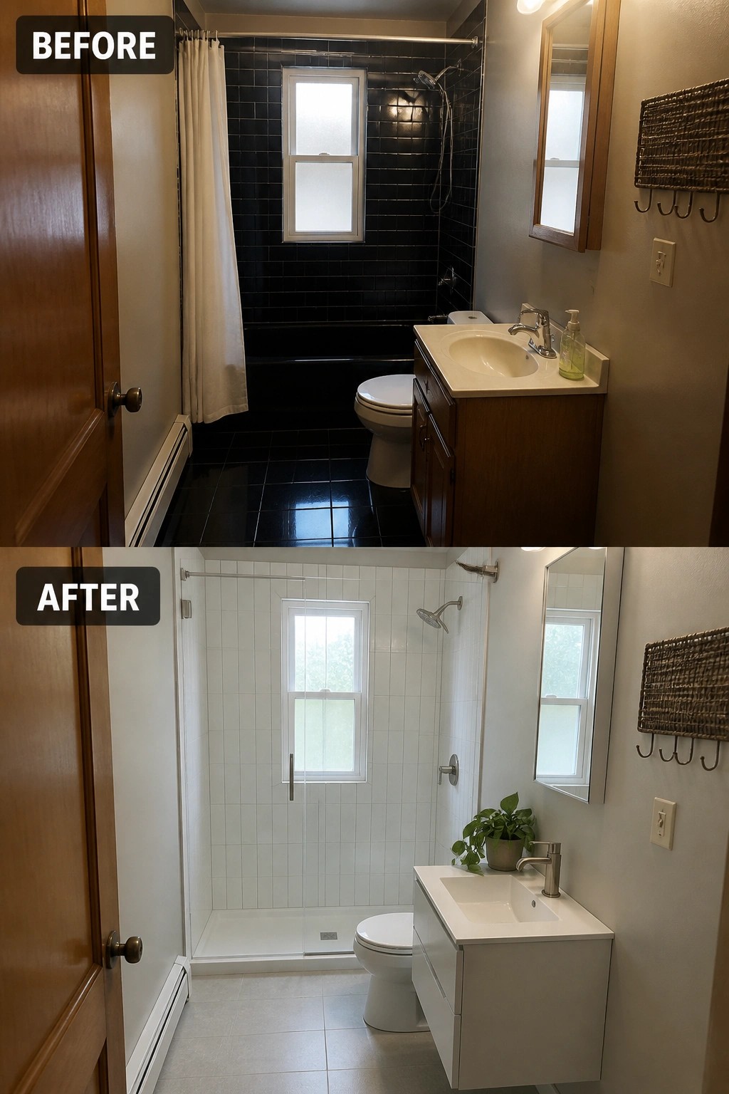 Before and after bathroom remodel: dark black tiles to bright white modern shower