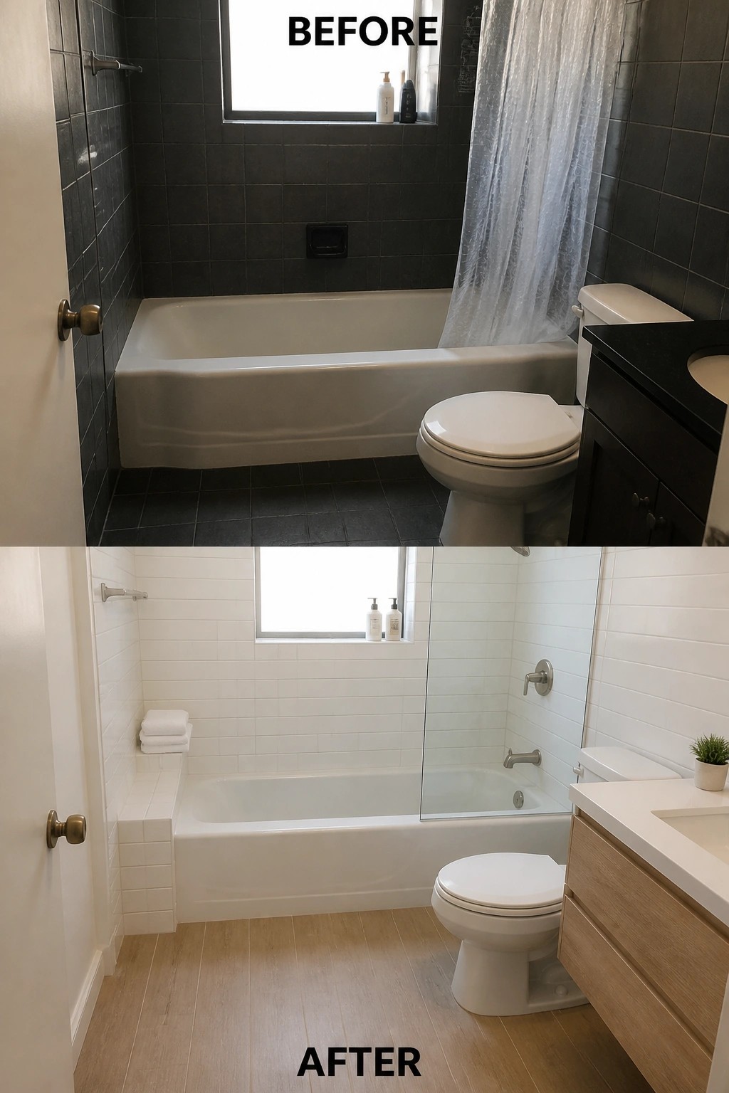 Before and after bathroom remodel: dark gray tiles transformed into bright white modern design.