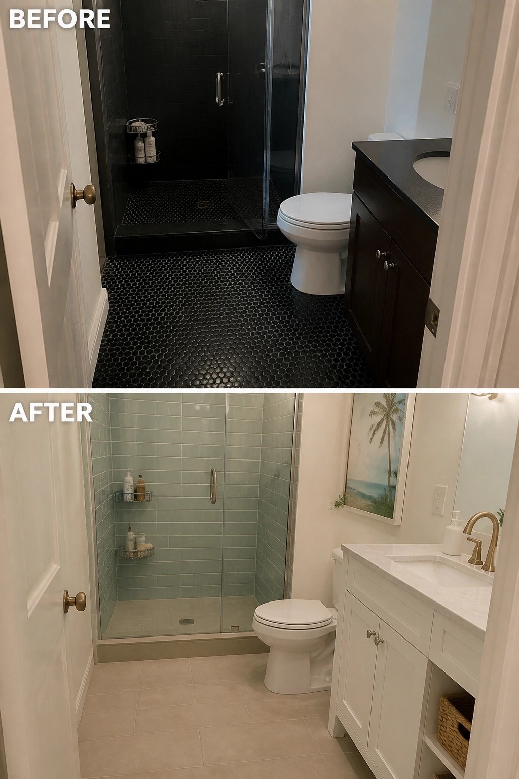 Before and after bathroom remodel from dark black tiles to light green and white.