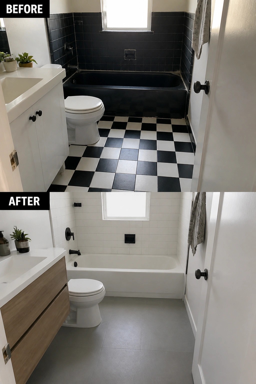 Bathroom before-and-after: black checkered tiles and tub replaced with white and wood.