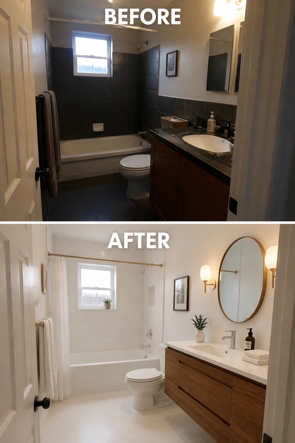 Before and after bathroom remodel from dark tiles to bright modern white design