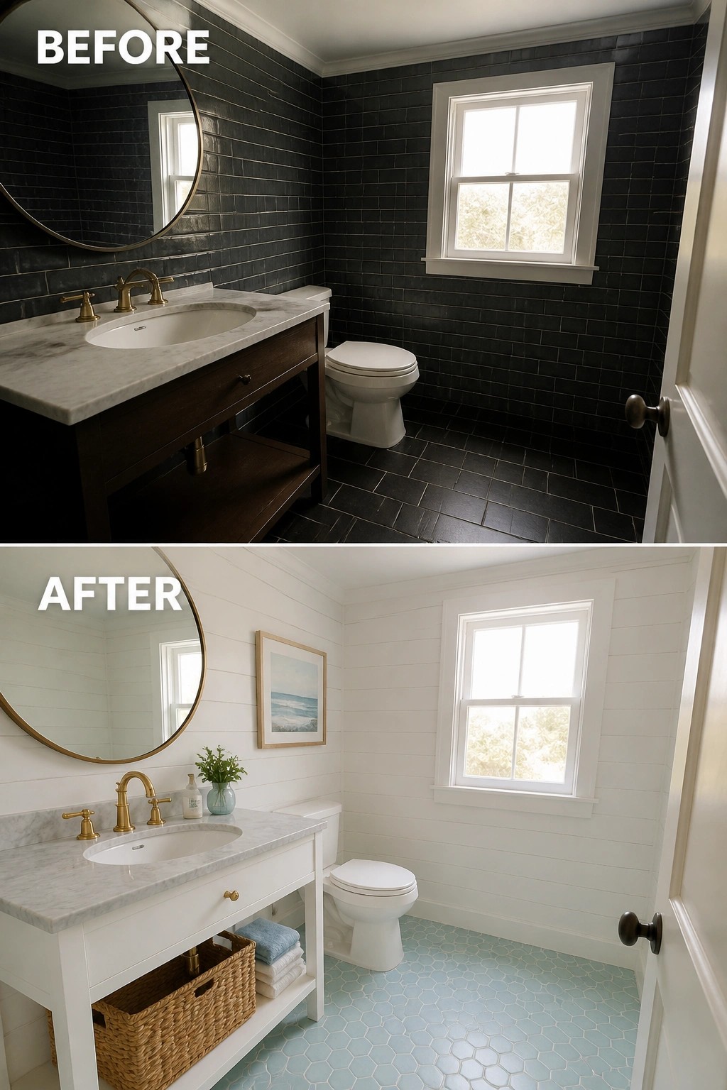 Before and after bathroom remodel from dark tiles to bright white and blue.