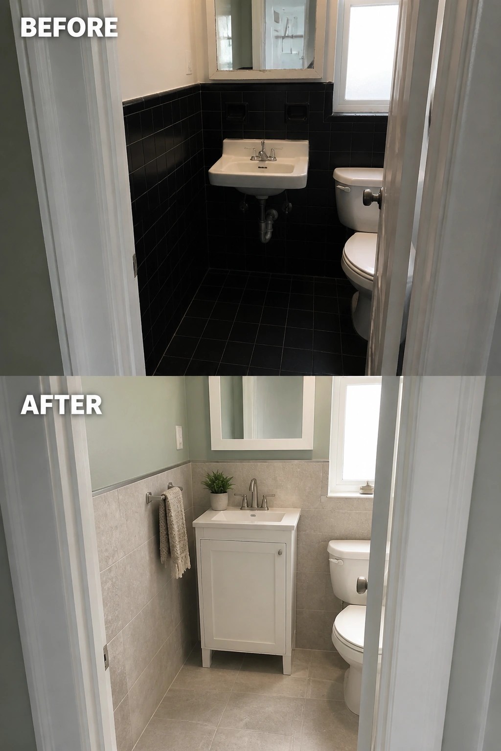 Before-and-after image of a small bathroom with black tile walls updated to light gray tile and soft green paint with a new white vanity.