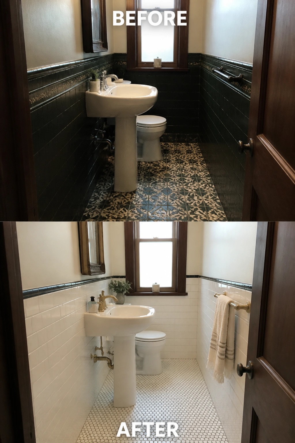 Before-and-after image of a small bathroom with dark green tile and patterned floor changed to white subway tile and white mosaic floor.