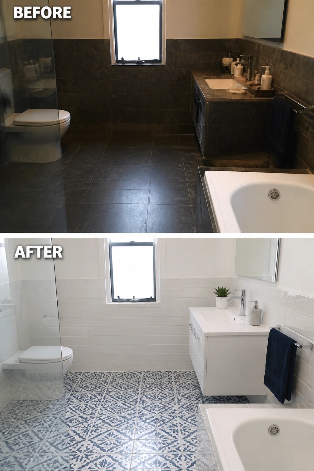 Before and after bathroom remodel with dark tiles replaced by white patterned flooring and bright walls.