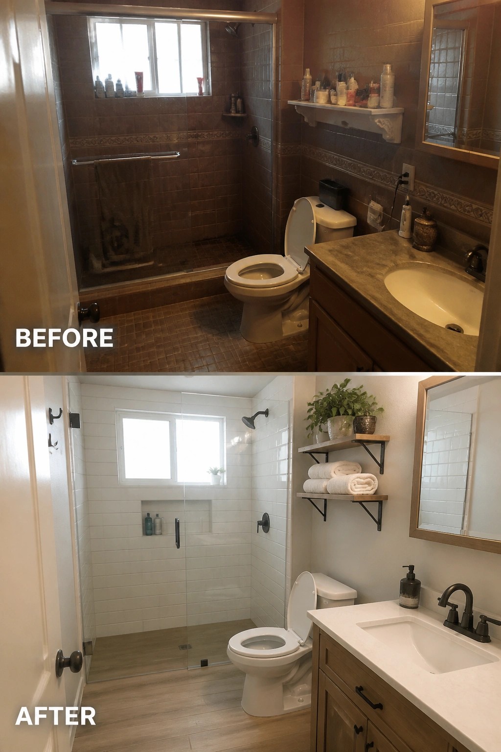Before-and-after image of a small bathroom with dark brown tile updated to white subway tile and light wood flooring.