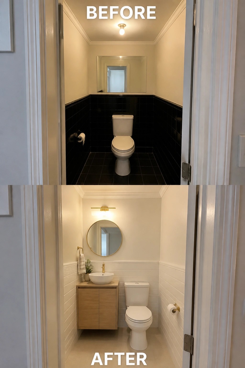 Before and after of narrow bathroom: black tiles to white wainscoting with wood vanity and round mirror.