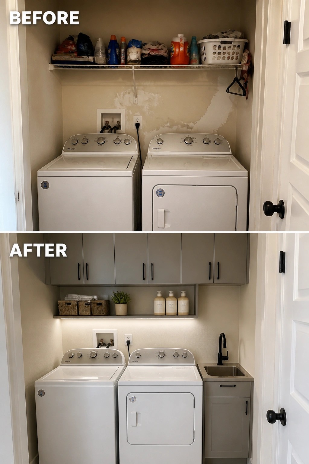 Before-and-after laundry room with white washer, dryer, gray cabinets, open shelf and sink