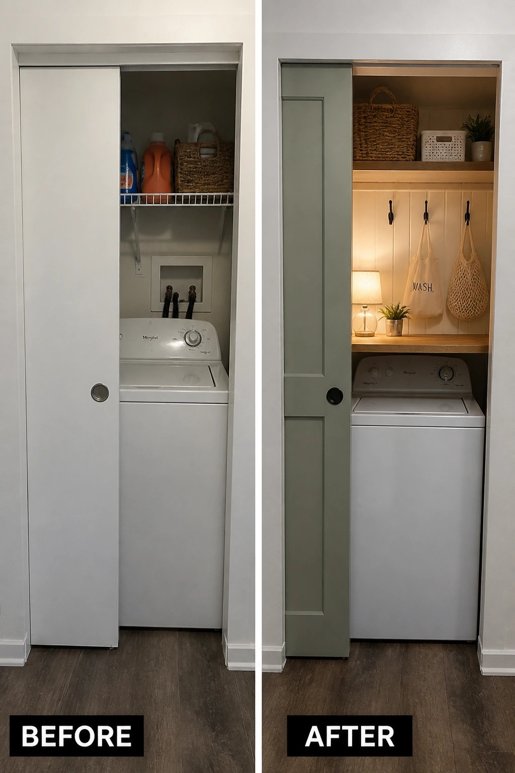 Before and after laundry closet with white door, green door, shelves and decor