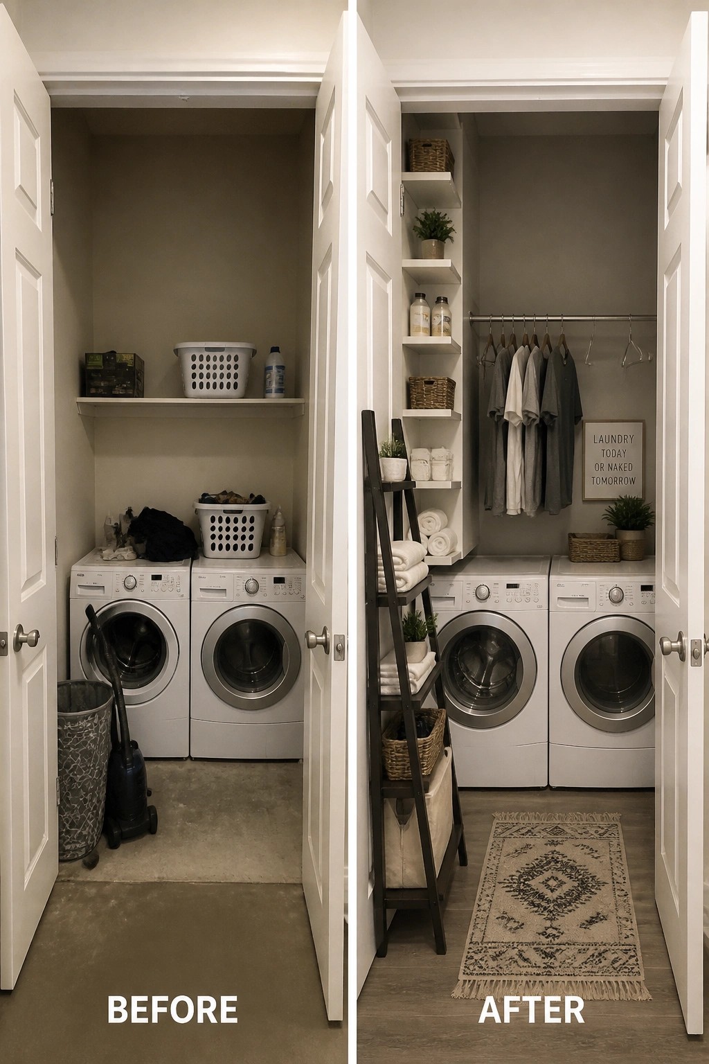 Before-and-after laundry closet: cluttered mess transformed with shelves, hanging shirts, rug, and decor.