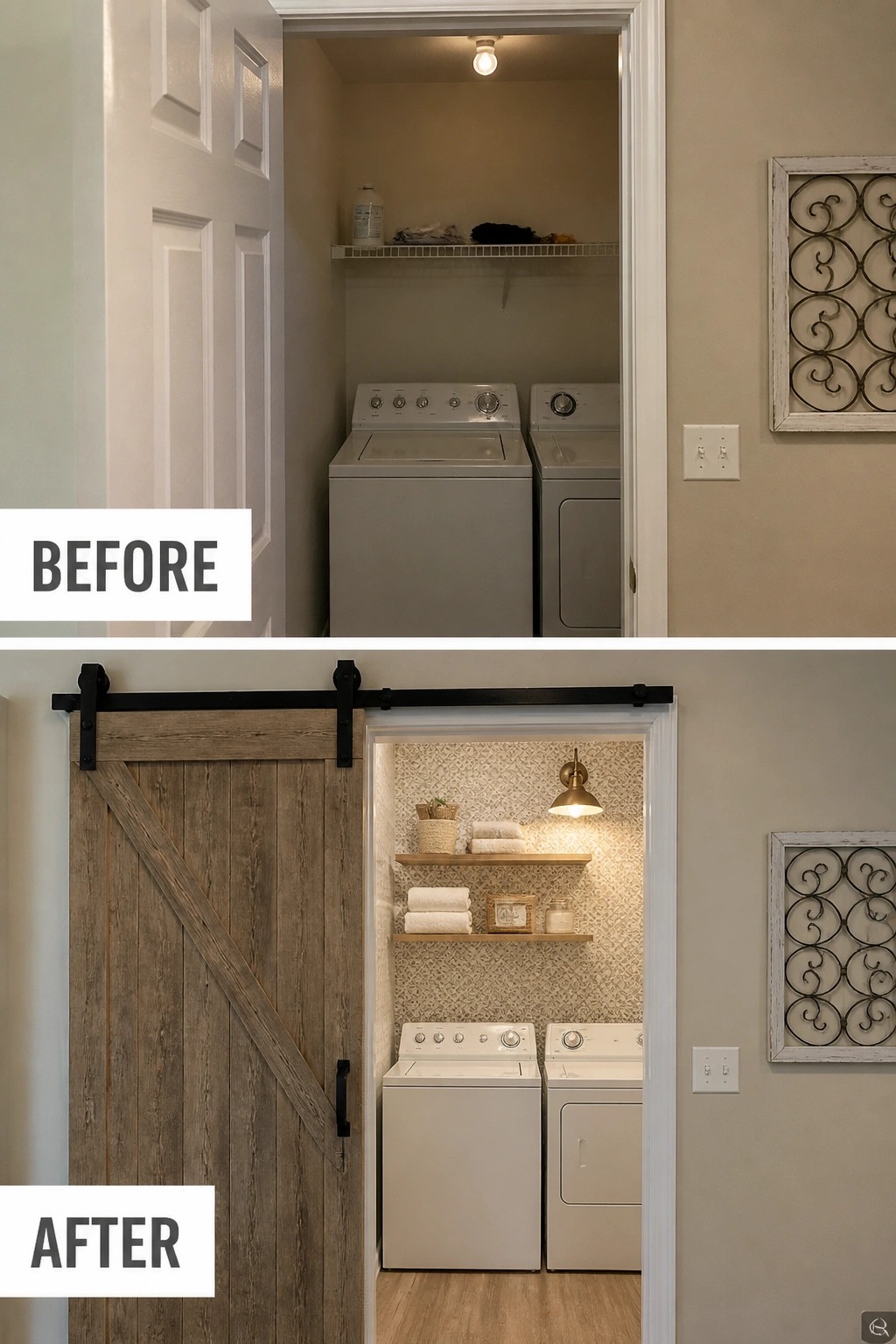 Before-and-after laundry room with washer, dryer, wallpaper, shelves, and sliding barn door