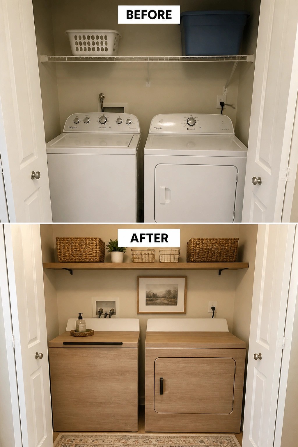 Before-and-after image of a laundry closet showing white washer and dryer updated with wood paneling, a new shelf with baskets, and added wall art.