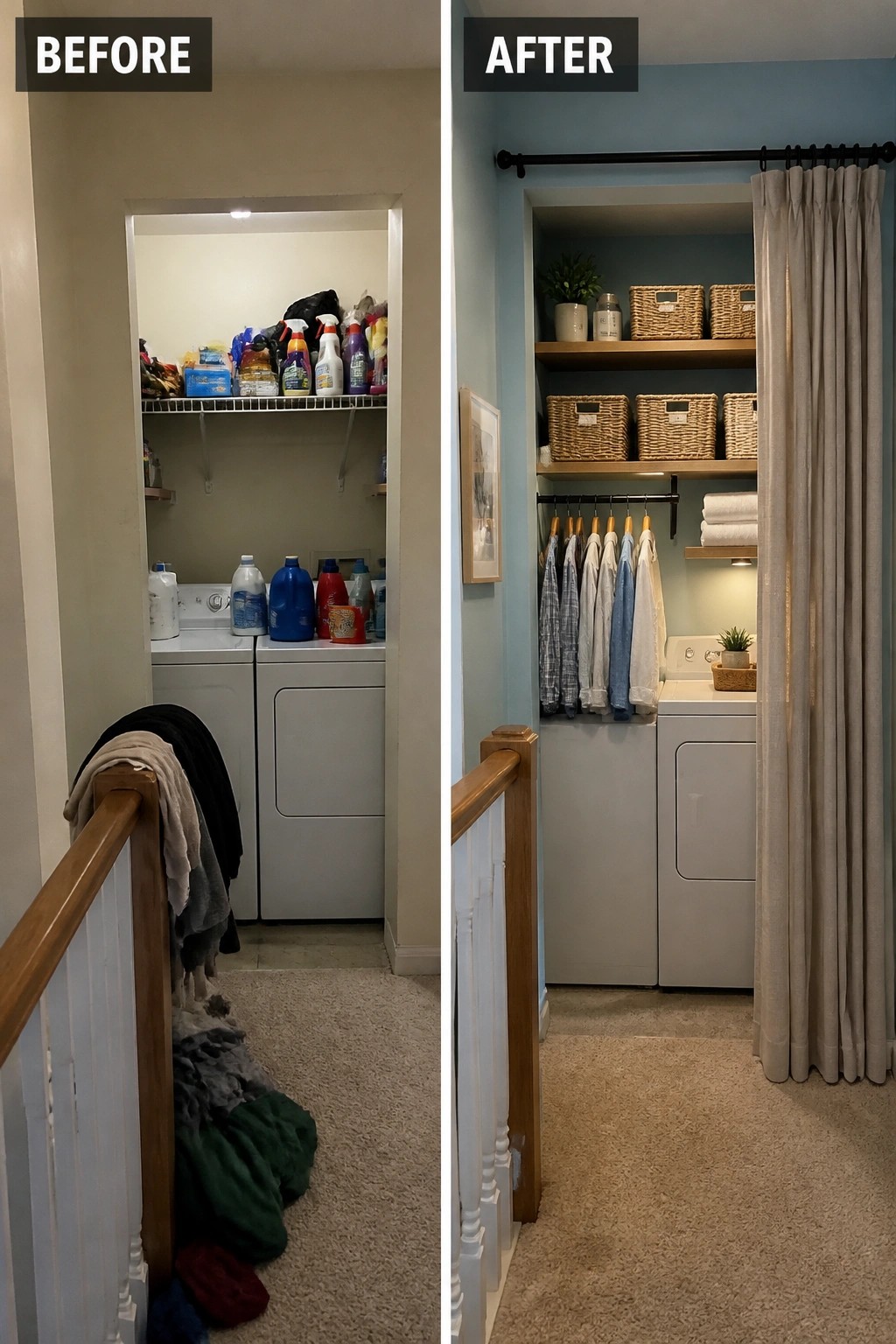 Before and after of cluttered laundry closet organized with shelves, baskets, and hanging clothes