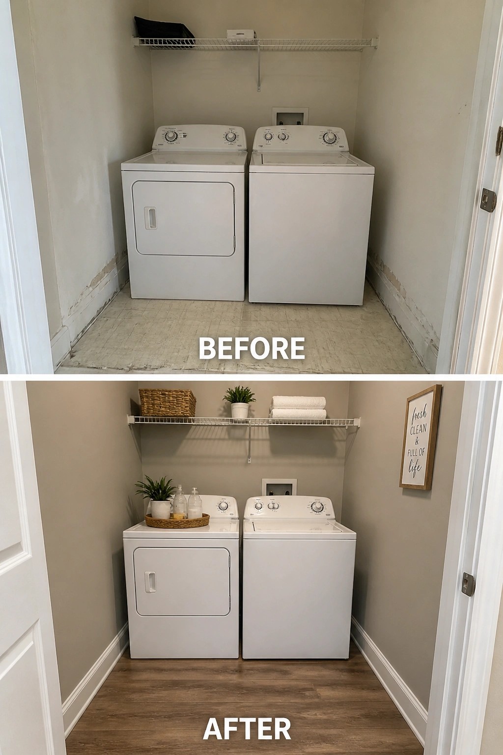 Before-and-after image of a small laundry closet showing white walls and a worn floor updated with painted walls, wood-look flooring, and light styling on the shelf.