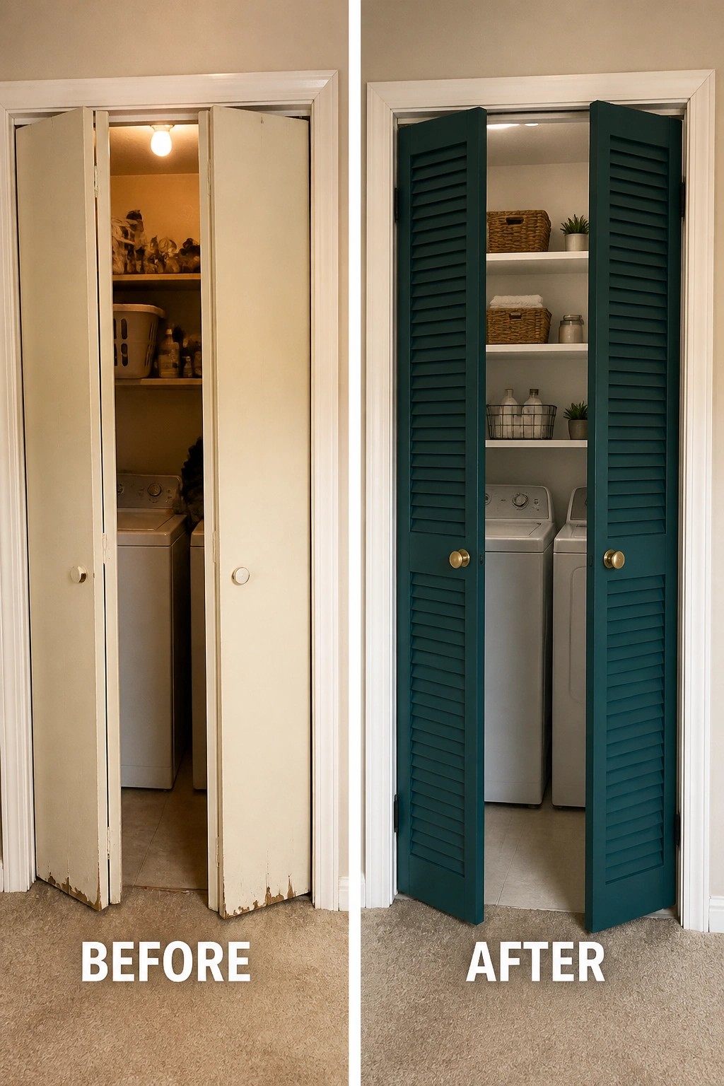 Before and after of laundry closet with dark teal louvered doors and organized shelves.