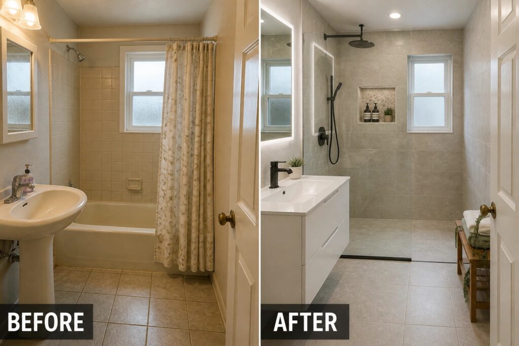 23 Smart Bathroom Before and After Ideas Built Around Walk-In Showers Before-and-after image of a bathroom showing a bathtub with shower curtain replaced by a modern walk-in shower with glass enclosure and updated vanity.