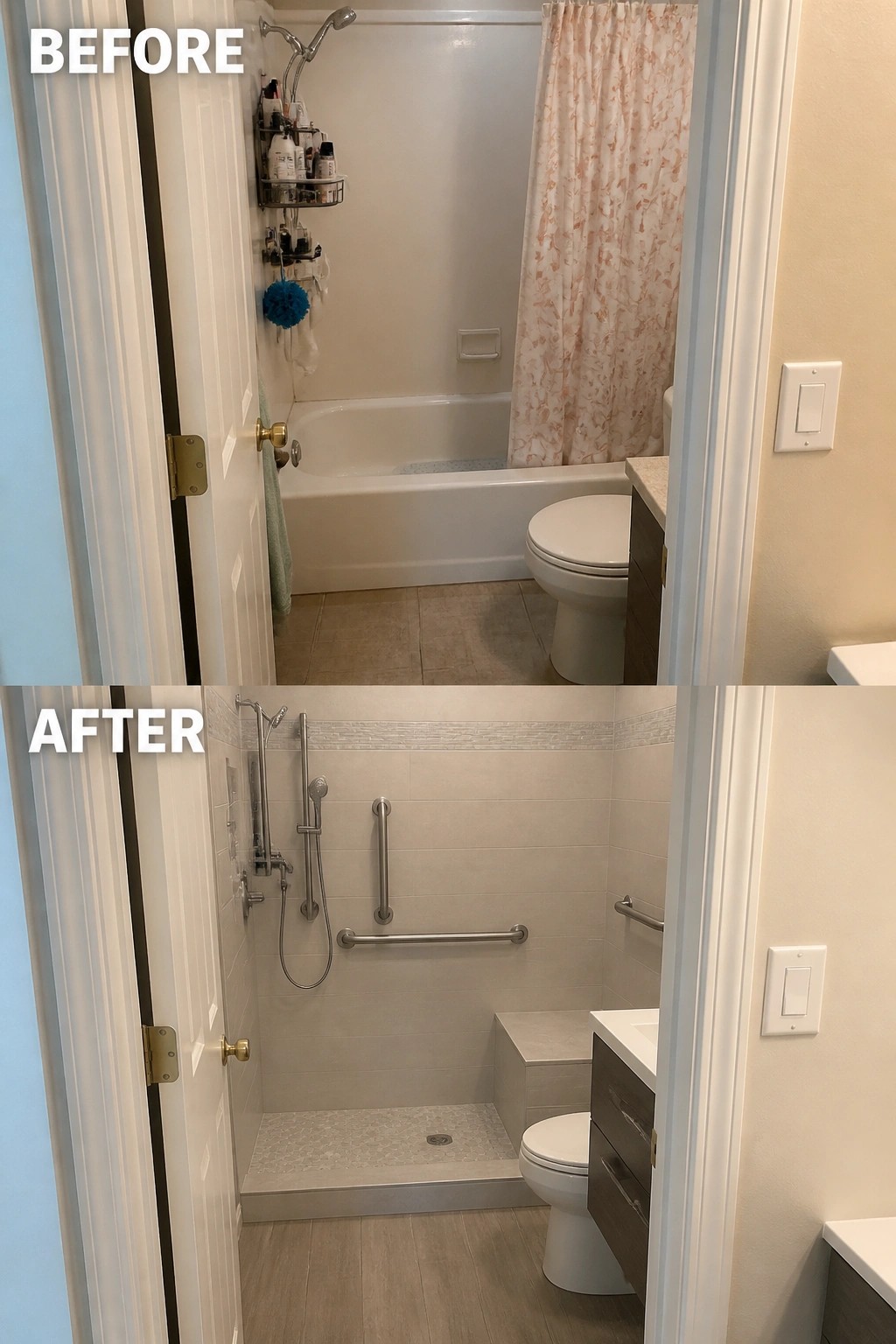 Before-and-after image of a bathroom showing a standard bathtub replaced by a tiled walk-in shower with grab bars.