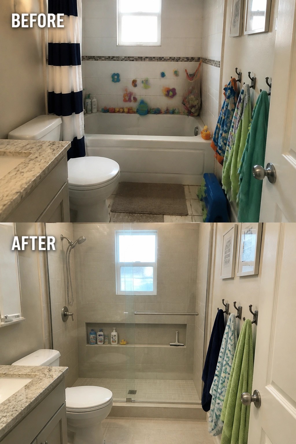 Before-and-after image of a bathroom showing a cluttered bathtub with toys and a shower curtain converted into a clean walk-in shower with glass doors, tiled walls, and a built-in niche.