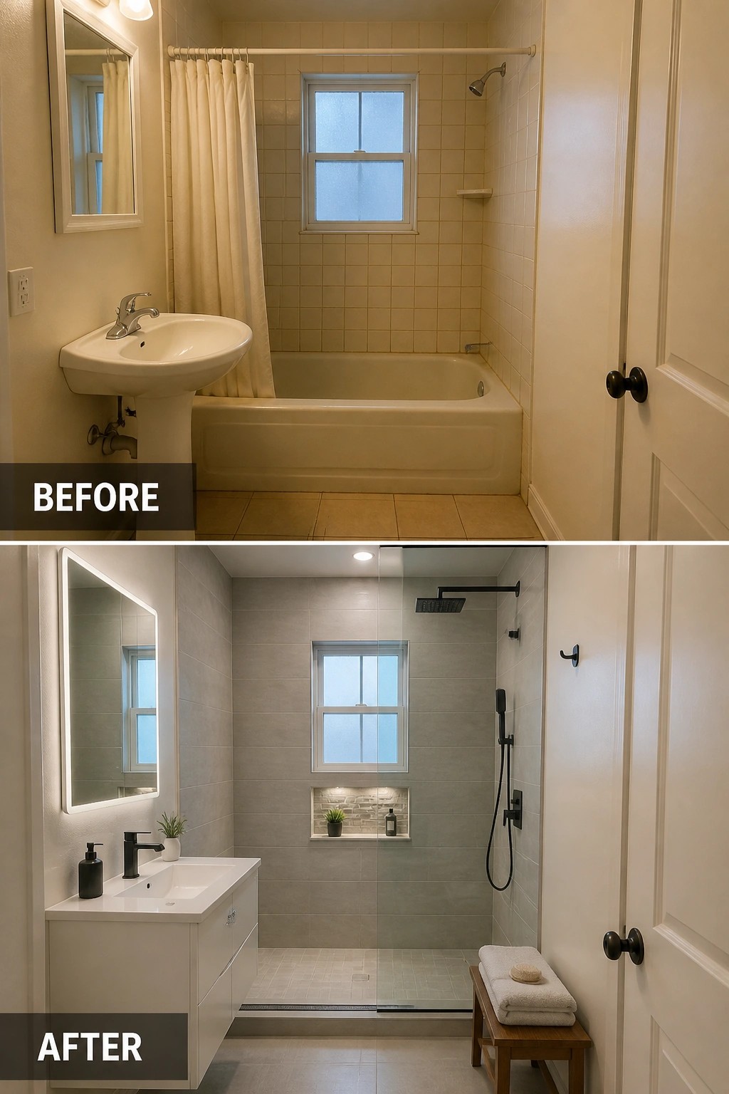 Before-and-after image of a bathroom showing a bathtub with shower curtain replaced by a modern walk-in shower with glass enclosure and updated vanity.