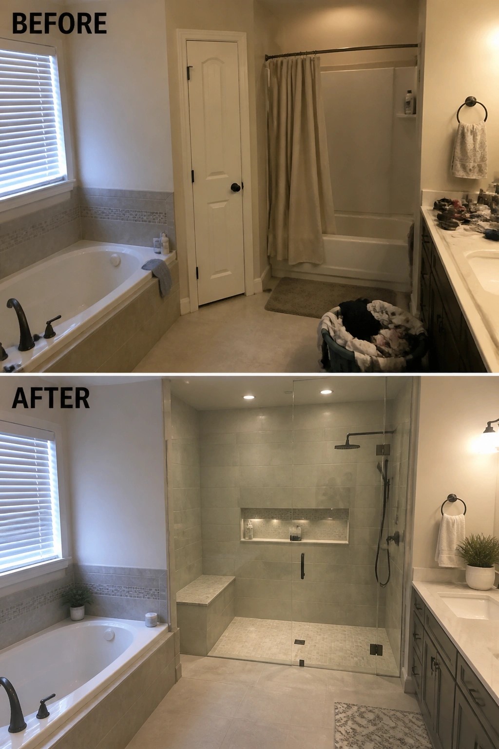 Before and after of renovated bathroom with glass shower and tiled walls