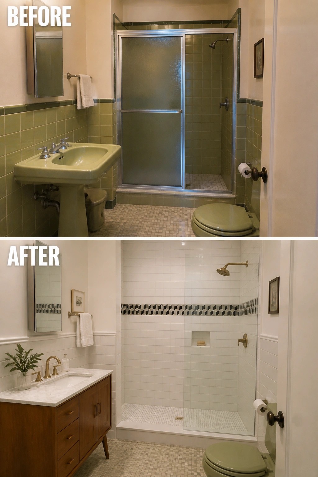 Before and after bathroom remodel with green tiles replaced by modern white design.