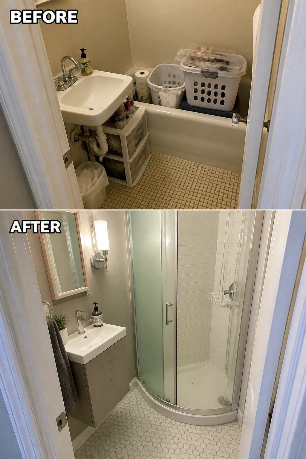 Before cluttered bathroom with sink and tub transformed into modern shower and vanity.