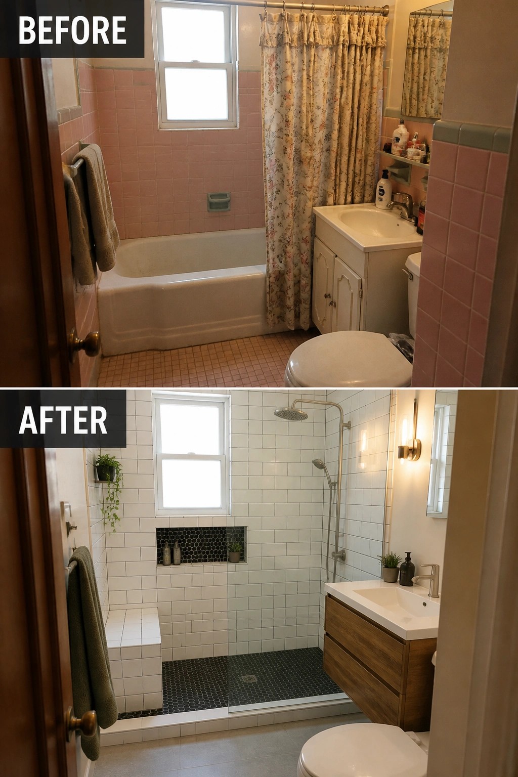 Before and after views of pink-tiled bathroom renovated with white shower and wood vanity.
