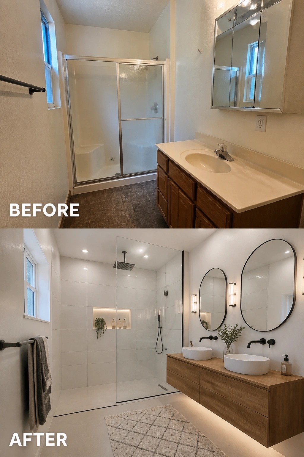 Before and after bathroom renovation with dark tiles and modern white shower vanity