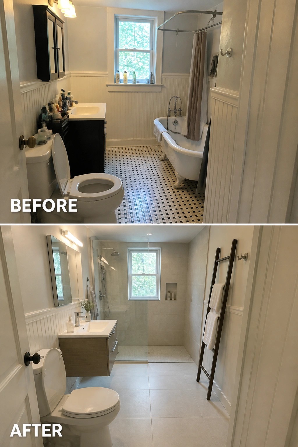 Before and after bathroom remodel replacing clawfoot tub with modern walk-in shower.