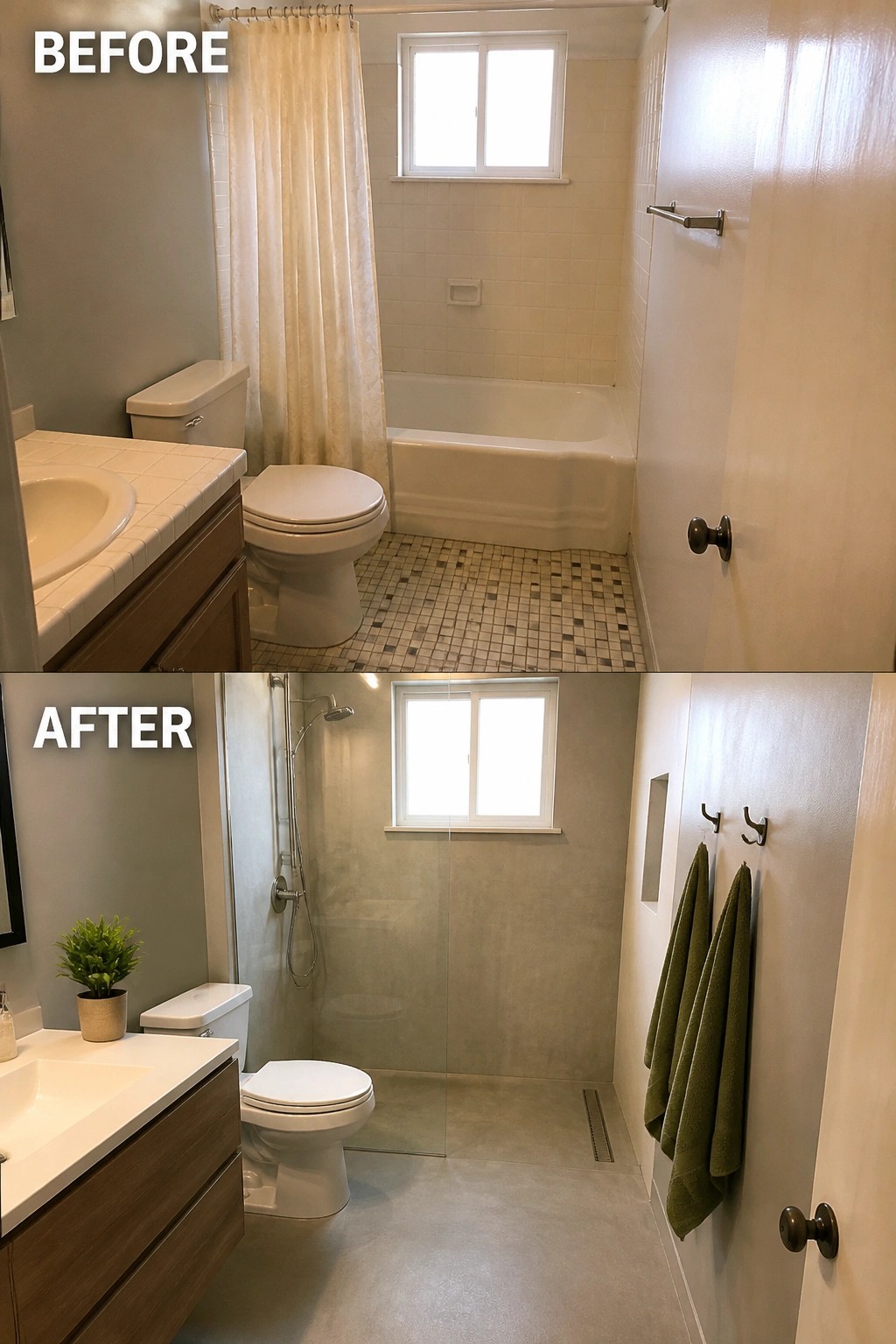 Before-after bathroom remodel: white tiles and tub replaced by modern gray shower and vanity.