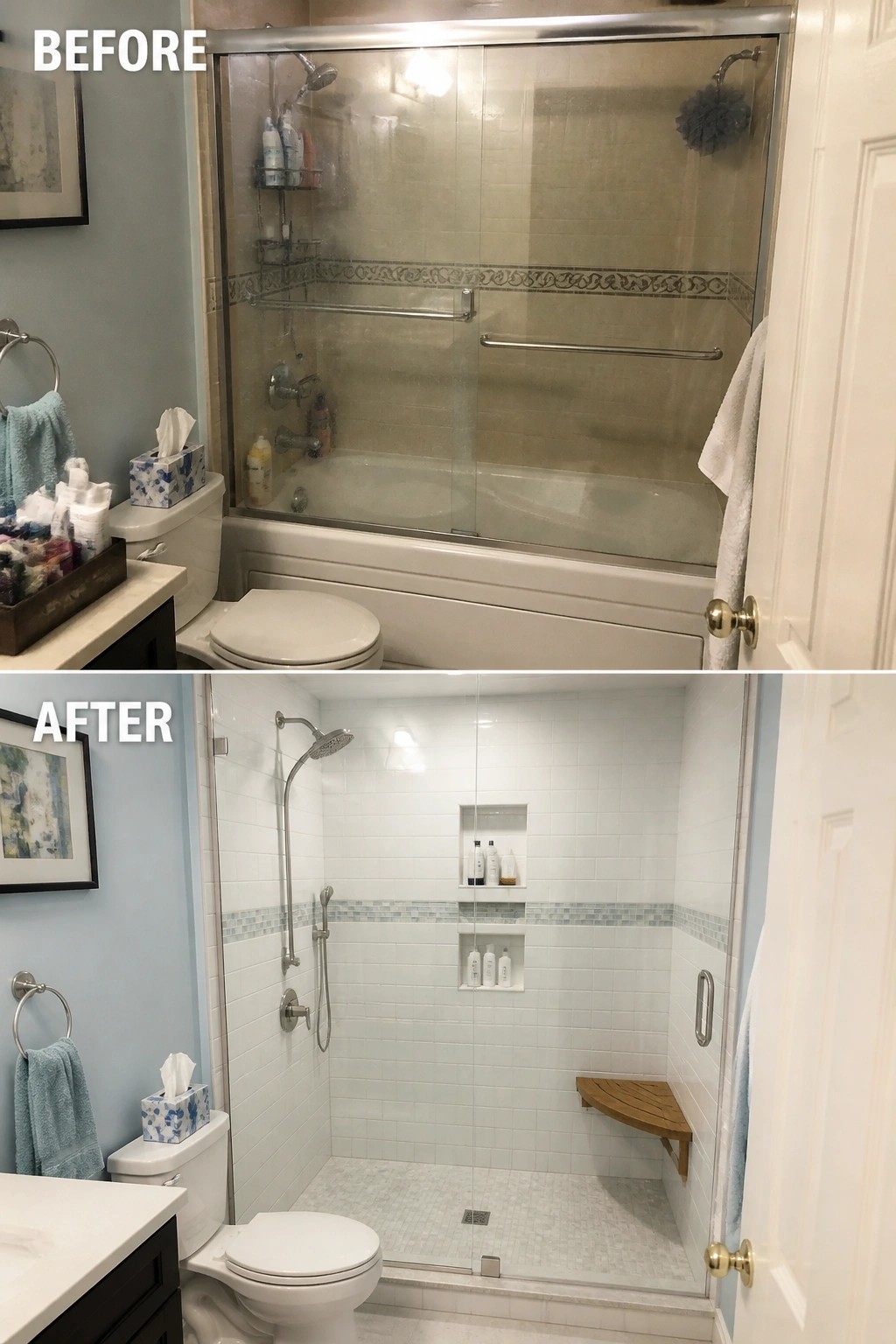 Before-and-after bathroom shower remodel replacing bathtub with modern white-tiled walk-in stall.
