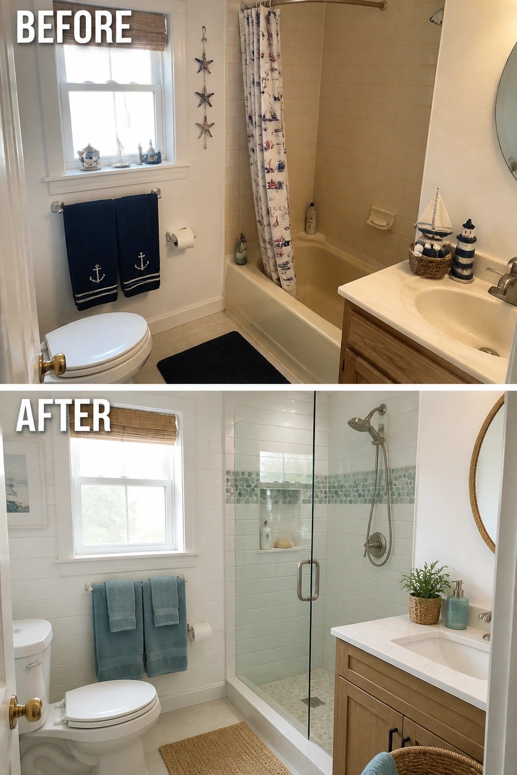Before-and-after image of a bathroom with a tub and shower curtain changed to a modern walk-in glass shower with light blue tiles.