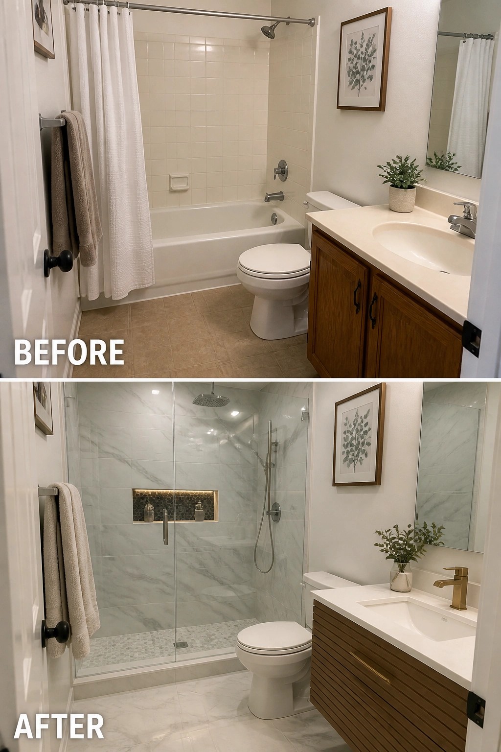 Before-and-after image of a bathroom where a bathtub and shower curtain were replaced with a marble walk-in shower and updated vanity.