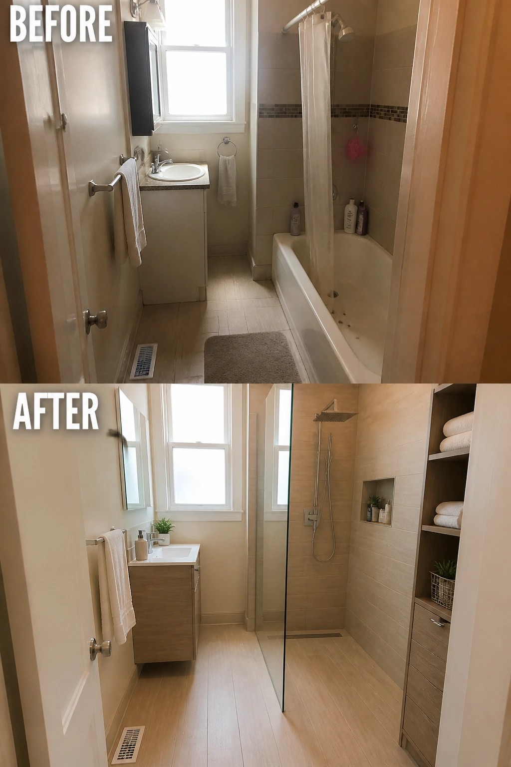 Before-and-after image of a bathroom showing a tub and shower combo replaced by a walk-in shower with a glass enclosure.