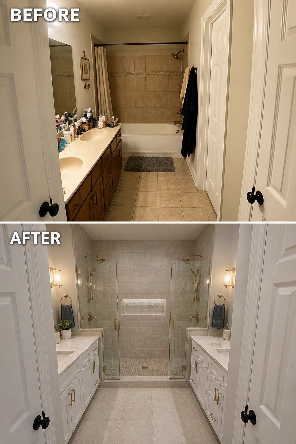 Before-and-after image of a bathroom showing a tub and shower combo replaced by a glass-enclosed walk-in shower with updated white vanities.