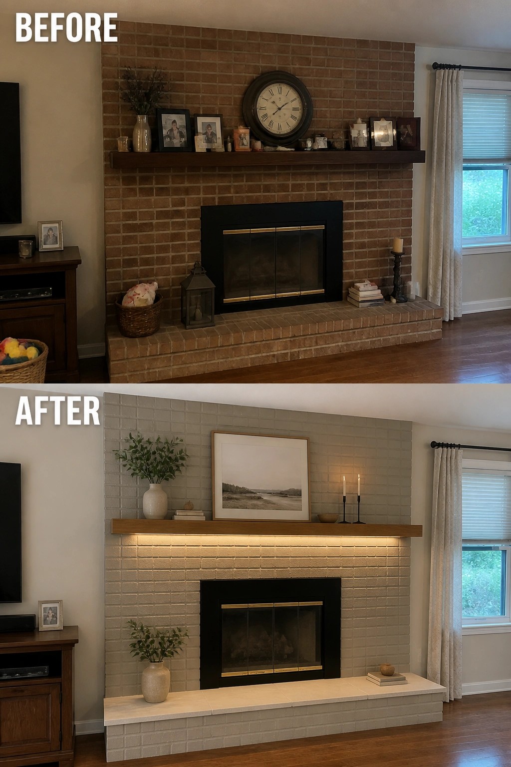 Before and after of brick fireplace painted white with modern light wood mantel.