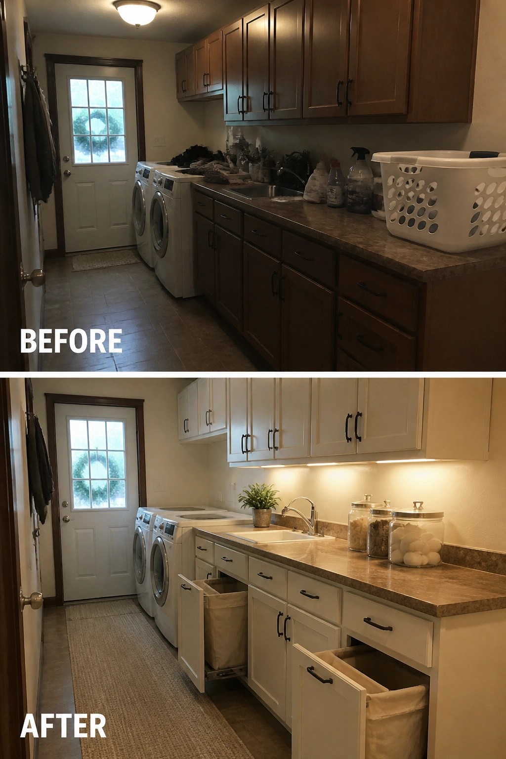 Before-and-after image of a laundry room updated with white cabinets and built-in pull-out hampers.