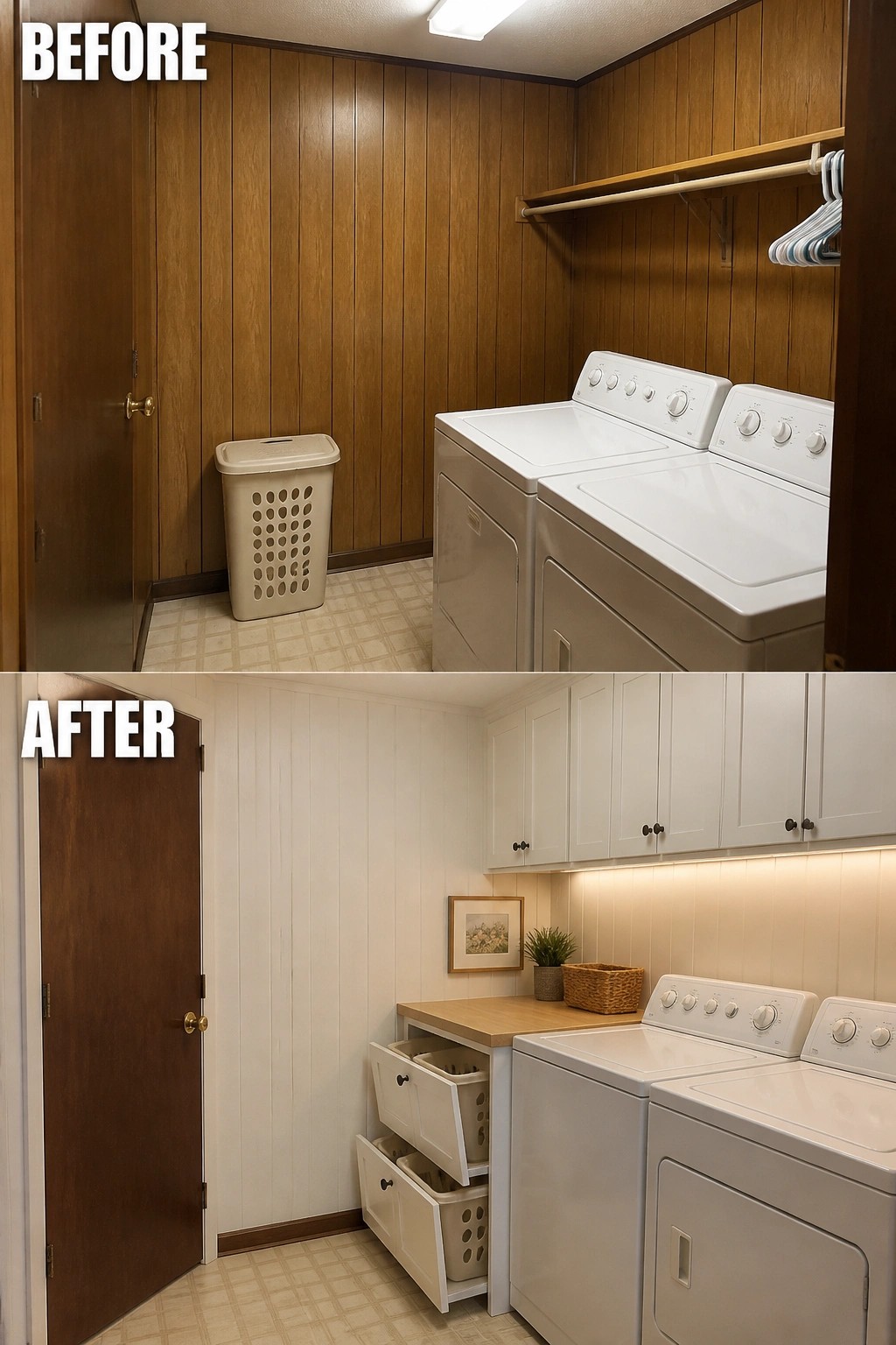 Before and after laundry room with wood walls replaced by white cabinets and storage.