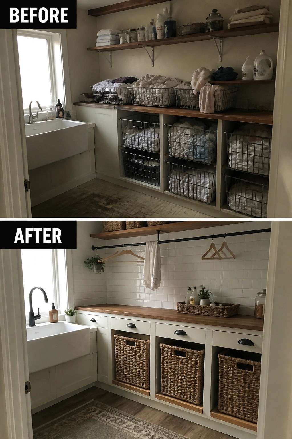Before and after laundry room with cluttered shelves to organized white cabinets and baskets.