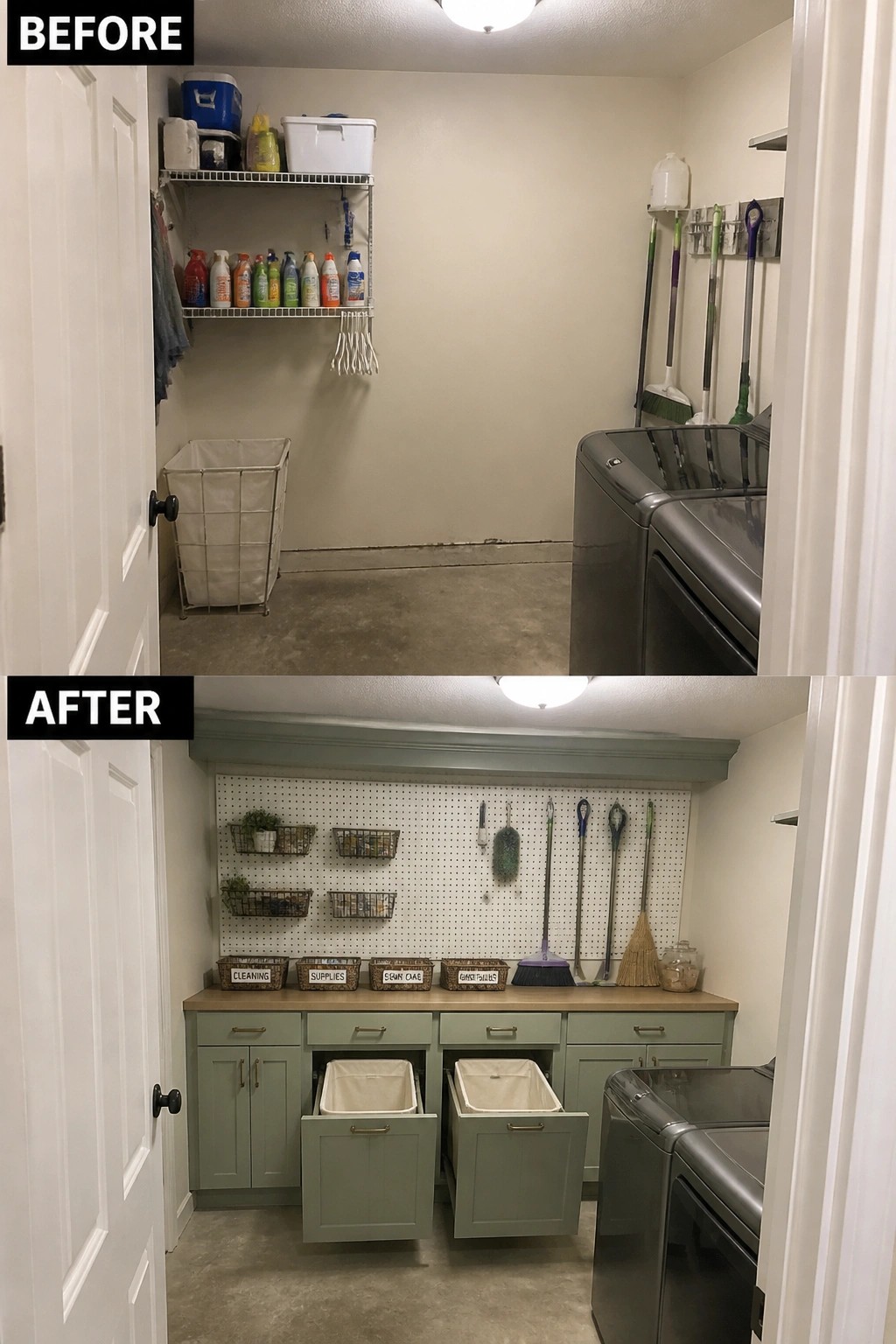 Before and after of a laundry room with green cabinets and pegboard storage.